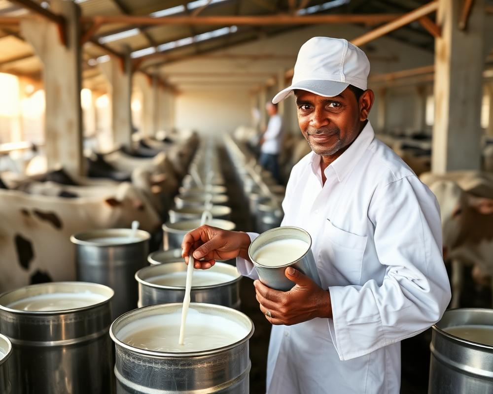 Dairy worker collecting fresh milk into steel cans at the farm
