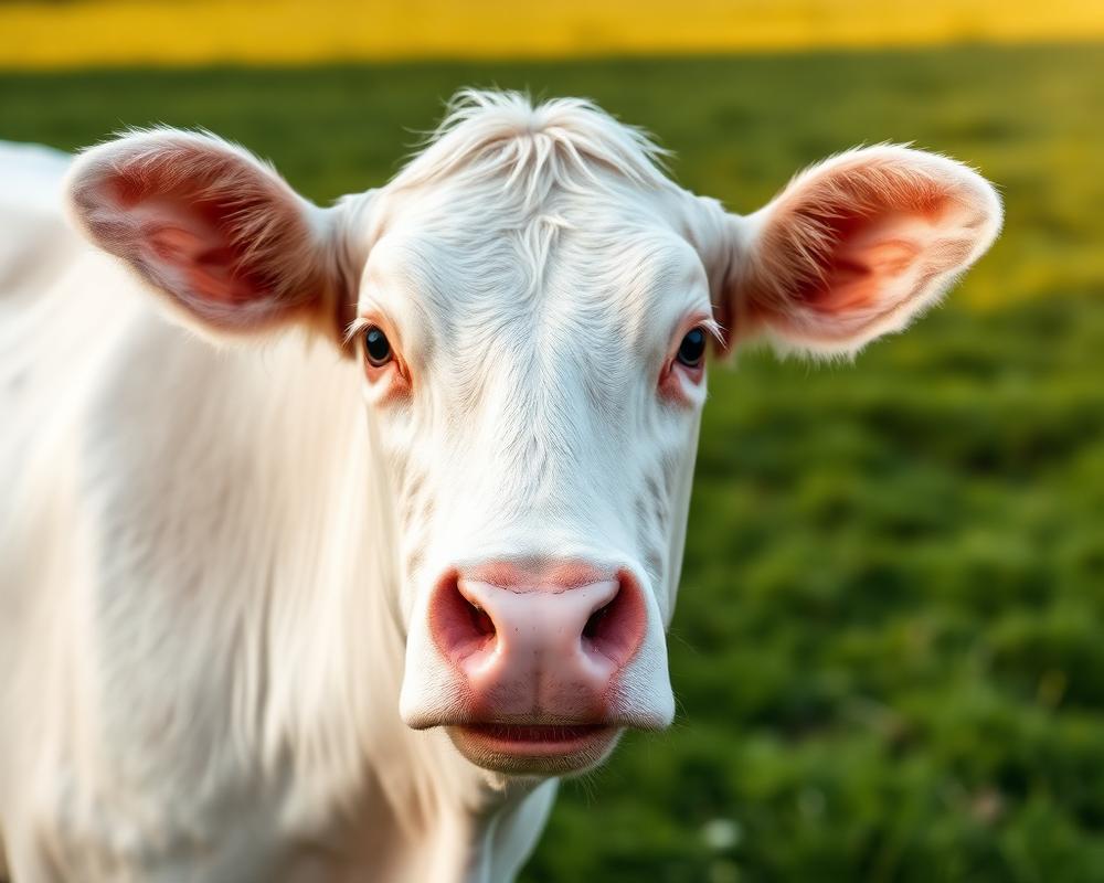 Close-up of a healthy cow in a green pasture