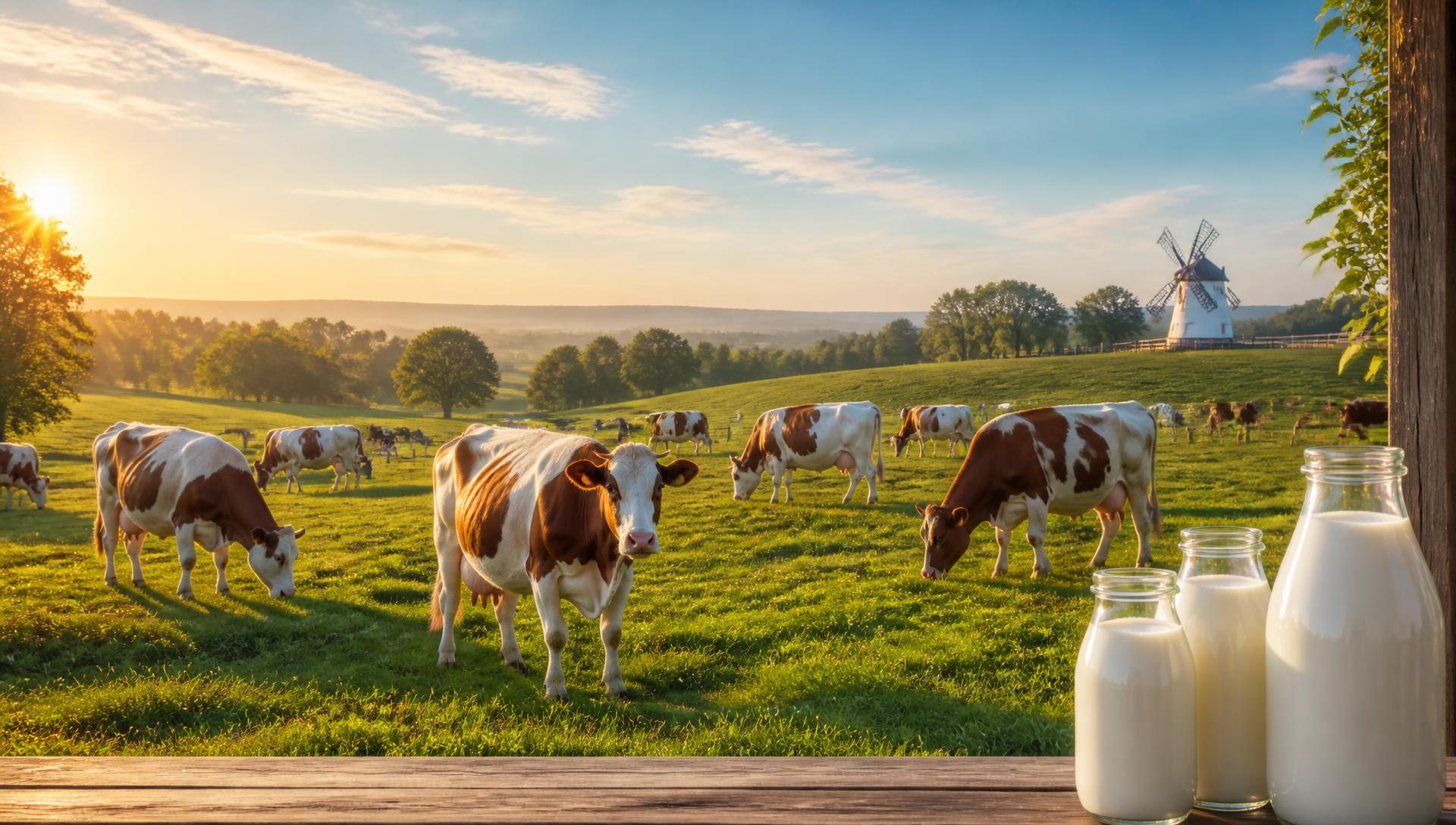 Cows grazing at sunrise on the Vihaan Doodh Wala dairy farm with fresh milk bottles in the foreground